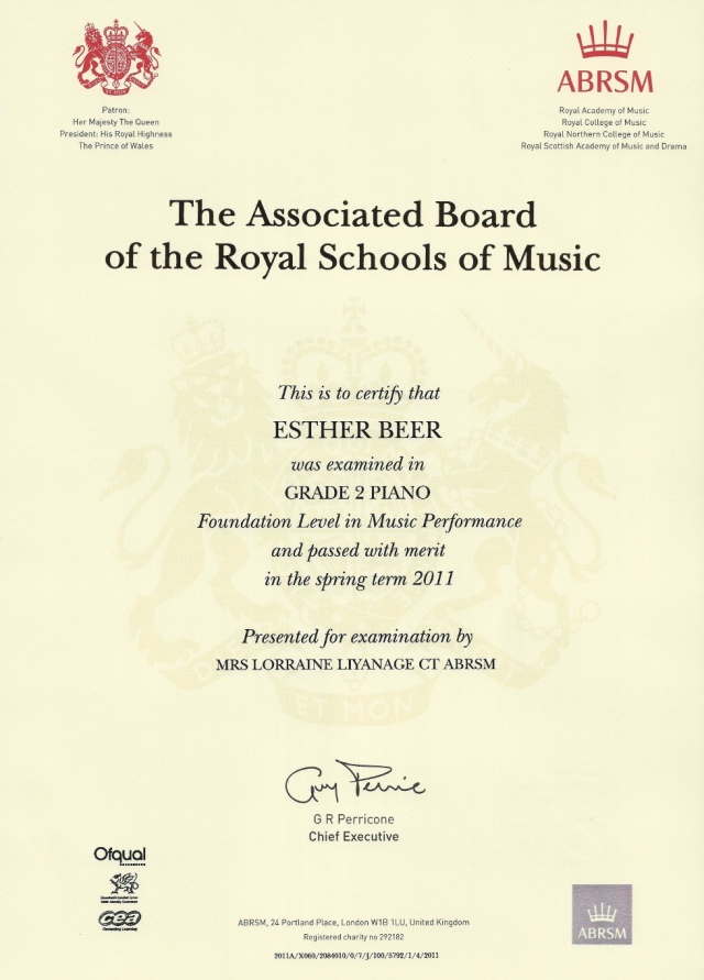 Grade 2 ABRSM Piano Exam Certificate